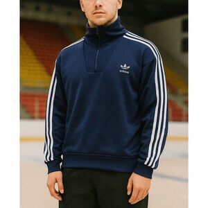 Adidas Men’s S Quarter Zip Track Top Navy 3-Stripes Trefoil Funnel Neck Retro